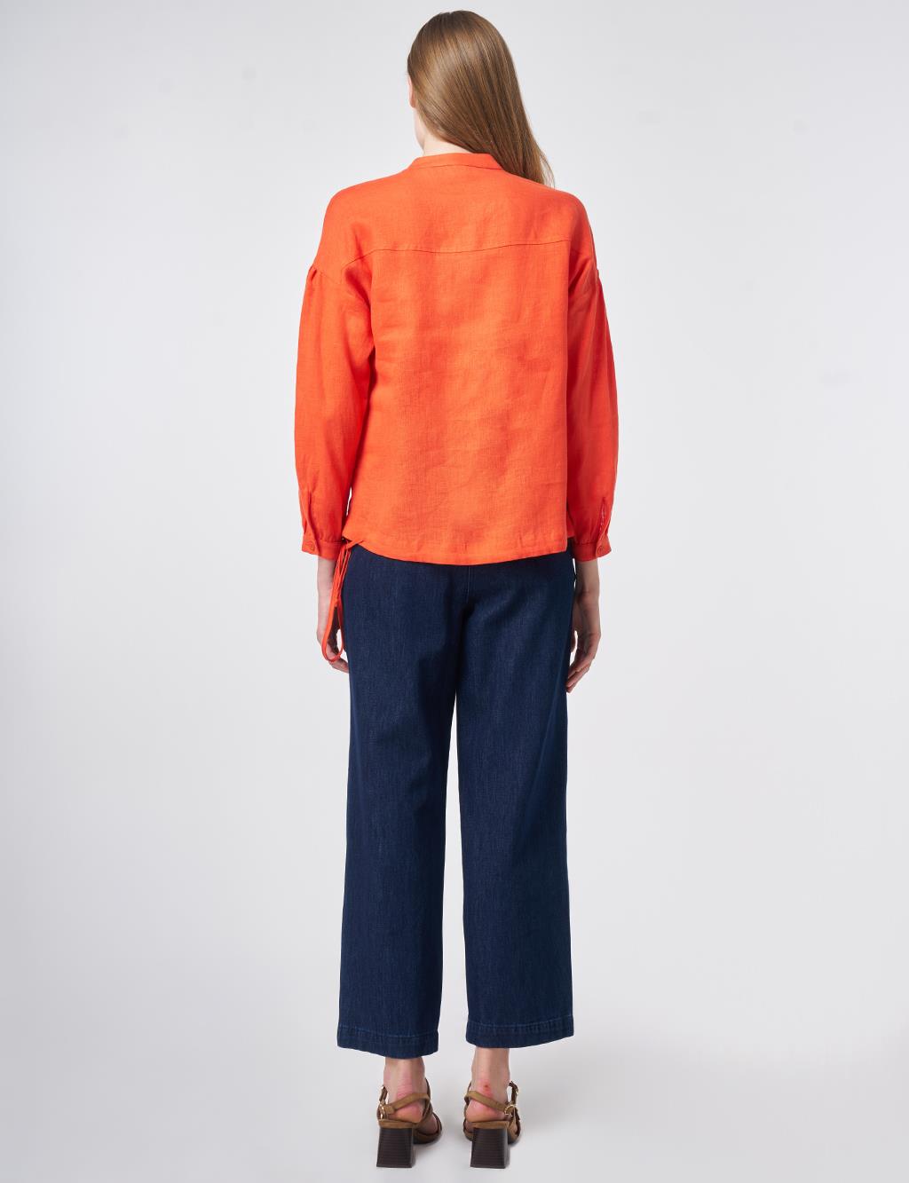 100% Linen Stitch Detailed Blouse Coral