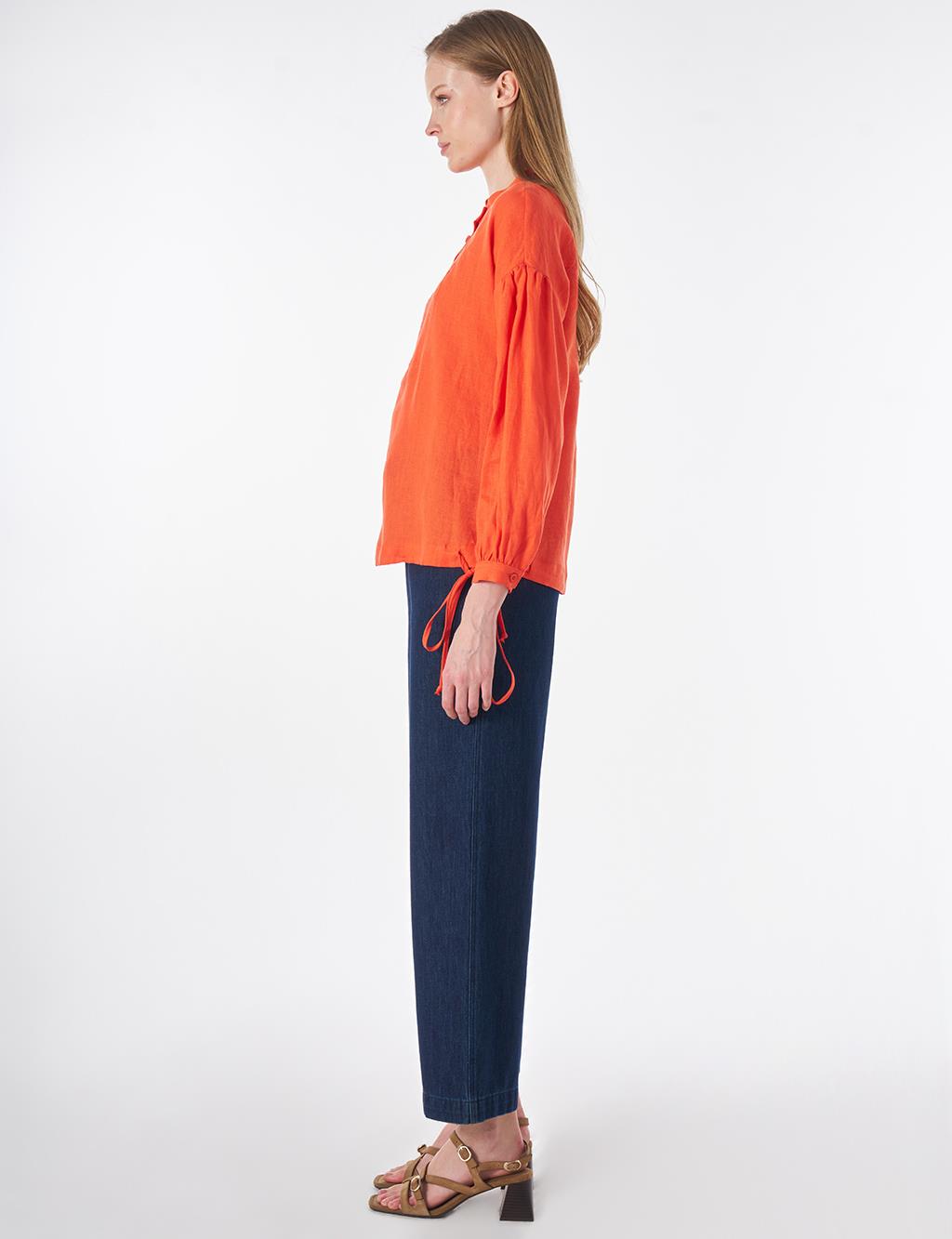 100% Linen Stitch Detailed Blouse Coral