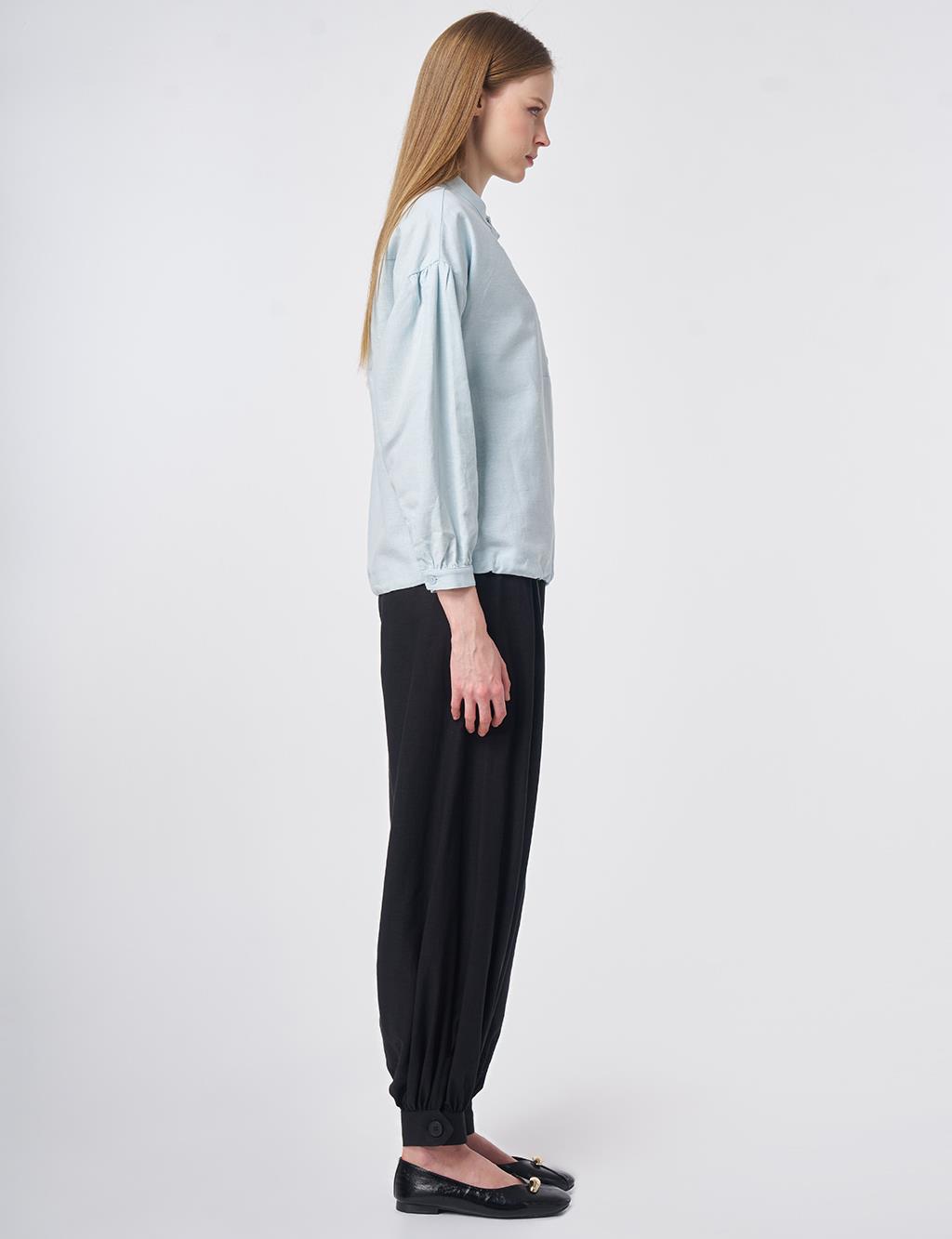 Stitch Detail Linen-Cotton Blouse Blue