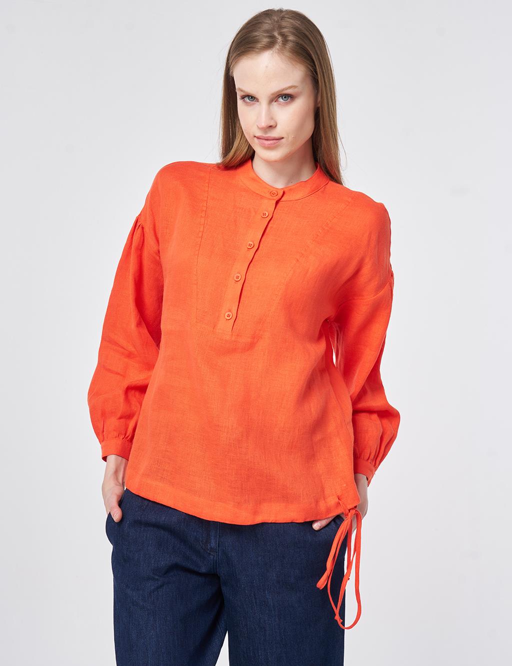 100% Linen Stitch Detailed Blouse Coral