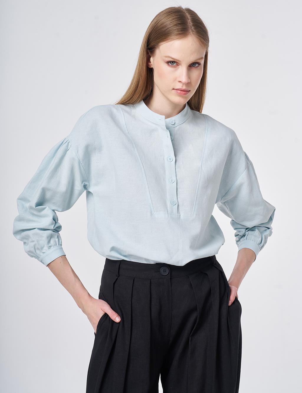 Stitch Detail Linen-Cotton Blouse Blue
