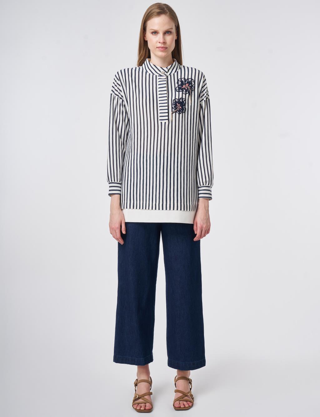 High Neck Cotton Blouse with Glossy Buttons Dark Navy