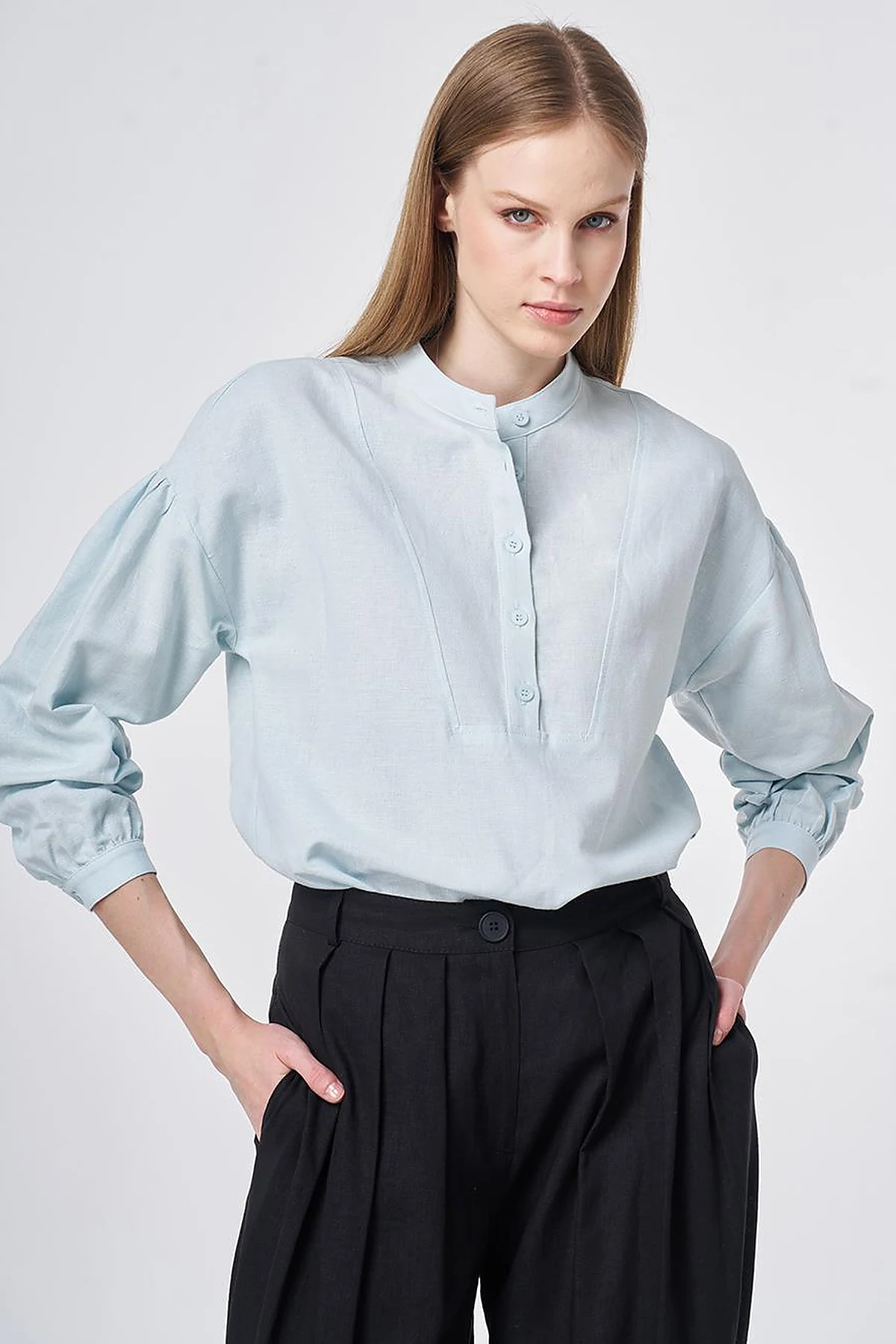 Stitch Detail Linen-Cotton Blouse Blue