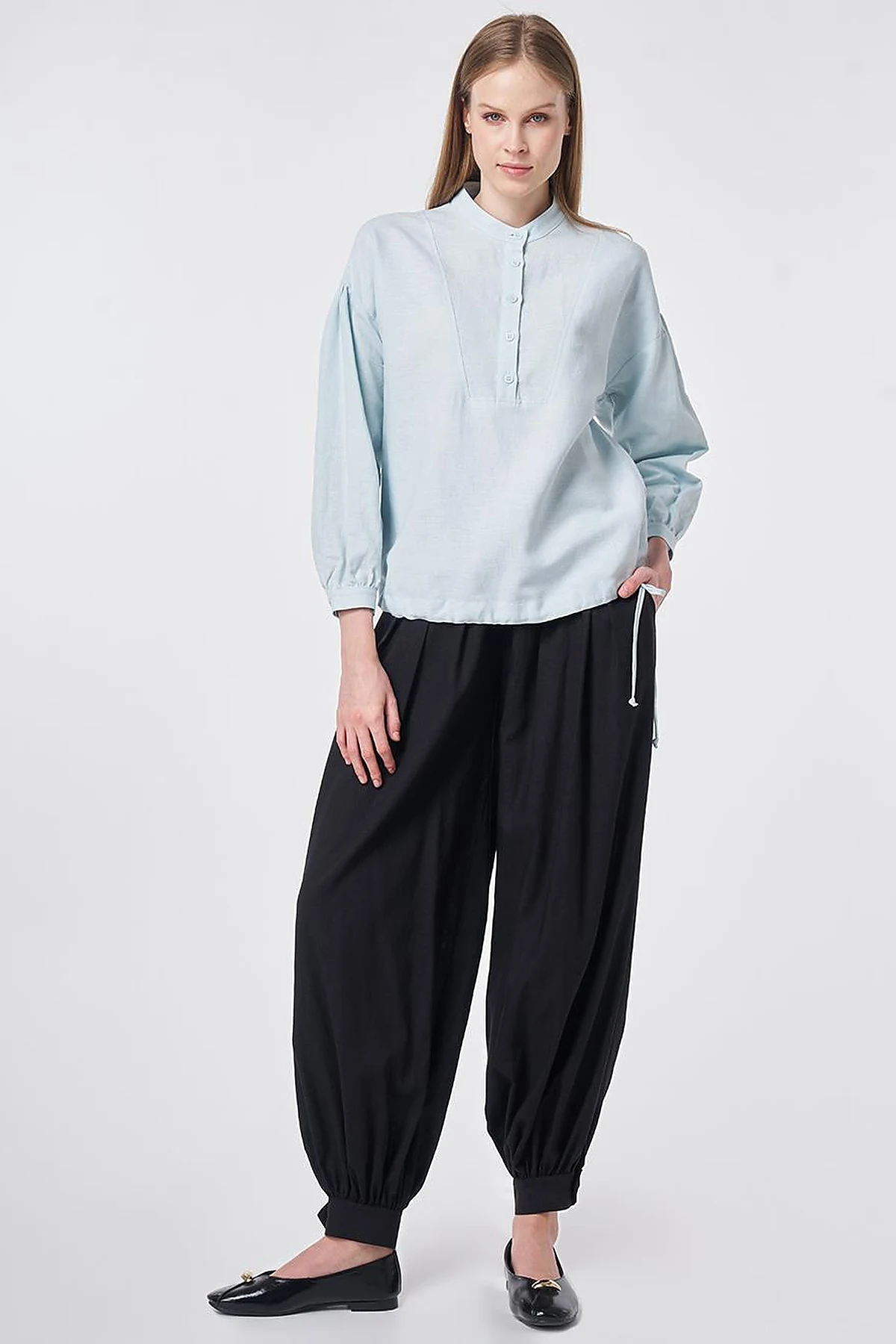 Stitch Detail Linen-Cotton Blouse Blue
