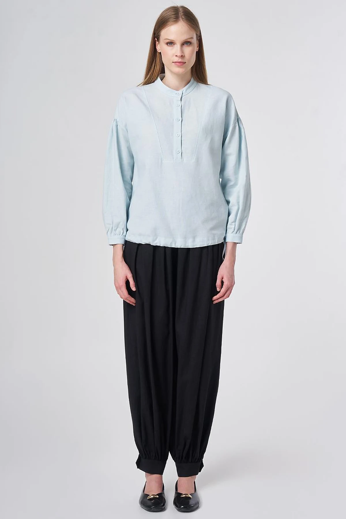 Stitch Detail Linen-Cotton Blouse Blue