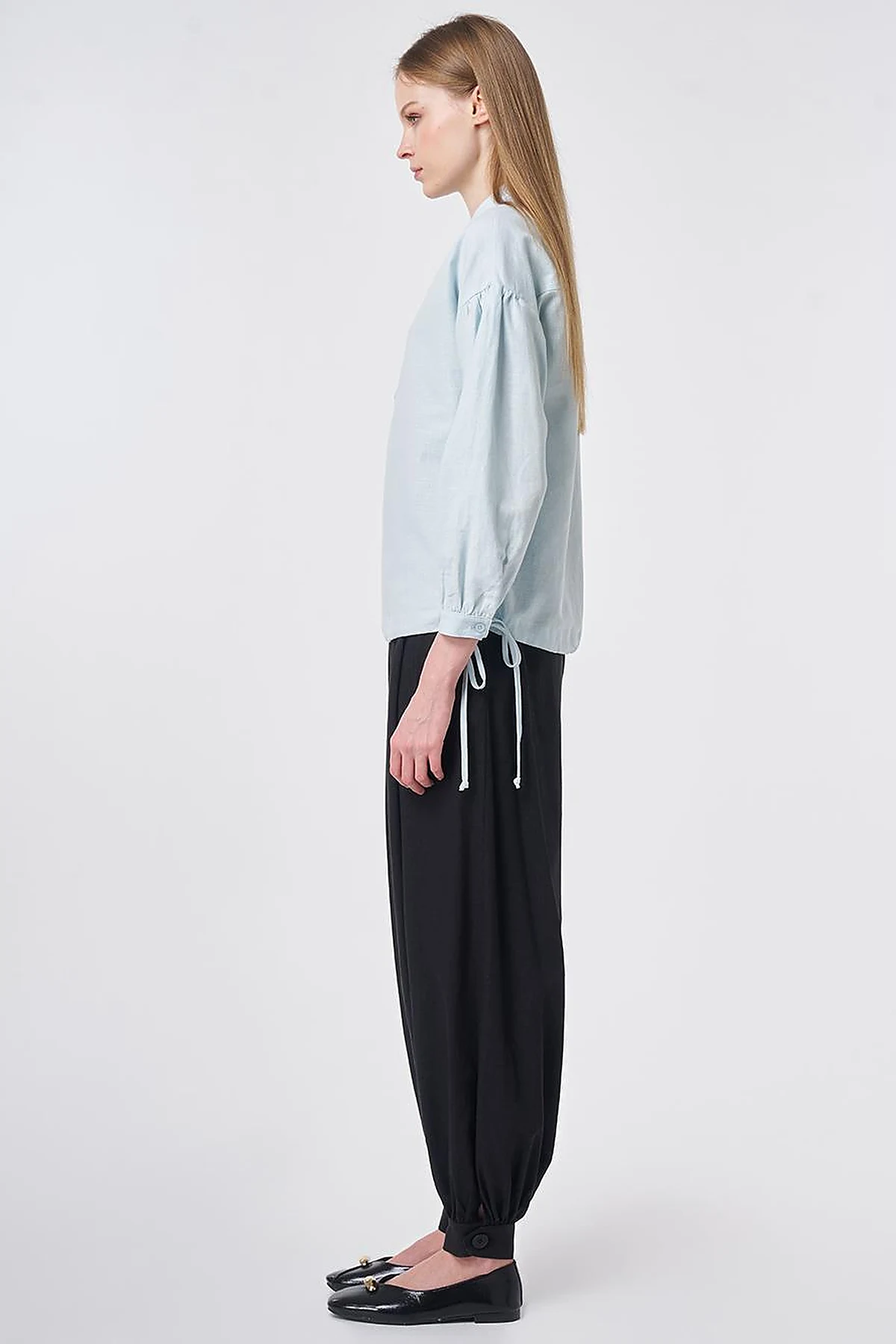 Stitch Detail Linen-Cotton Blouse Blue