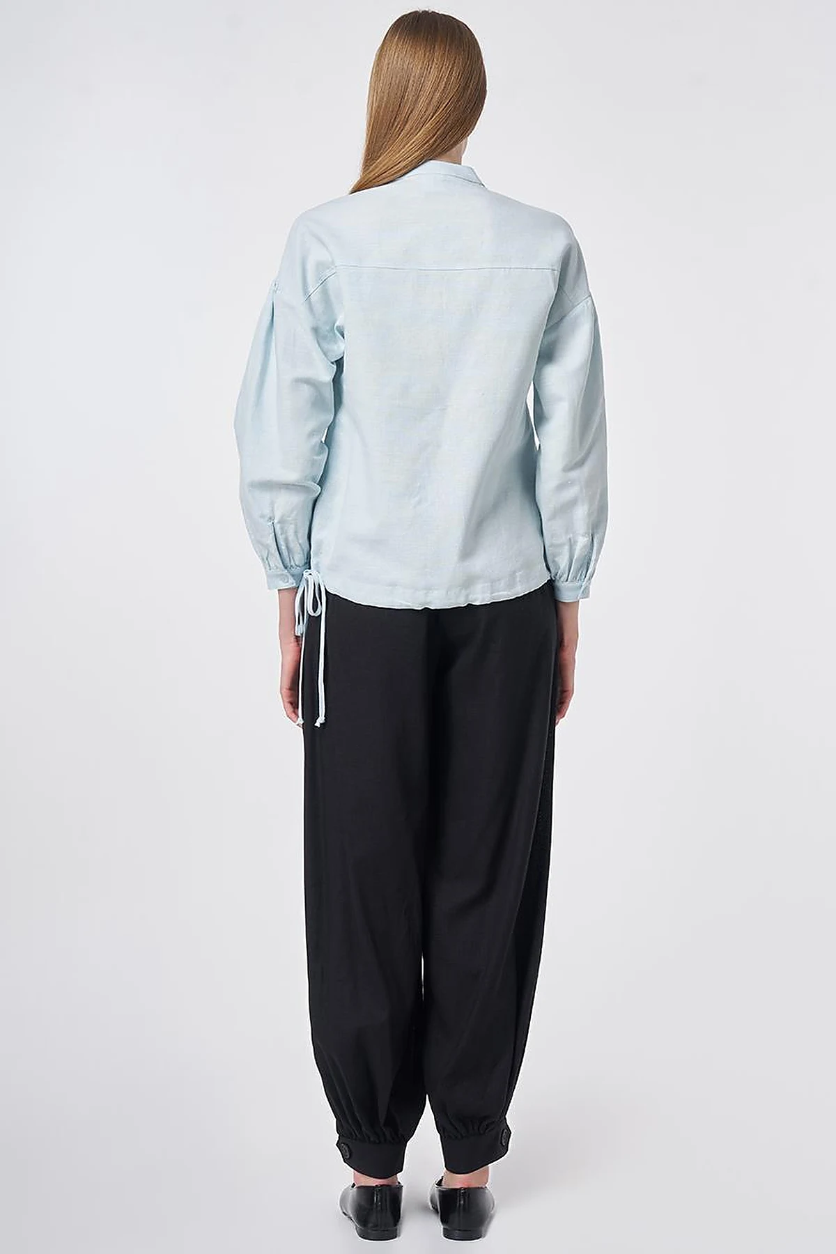 Stitch Detail Linen-Cotton Blouse Blue