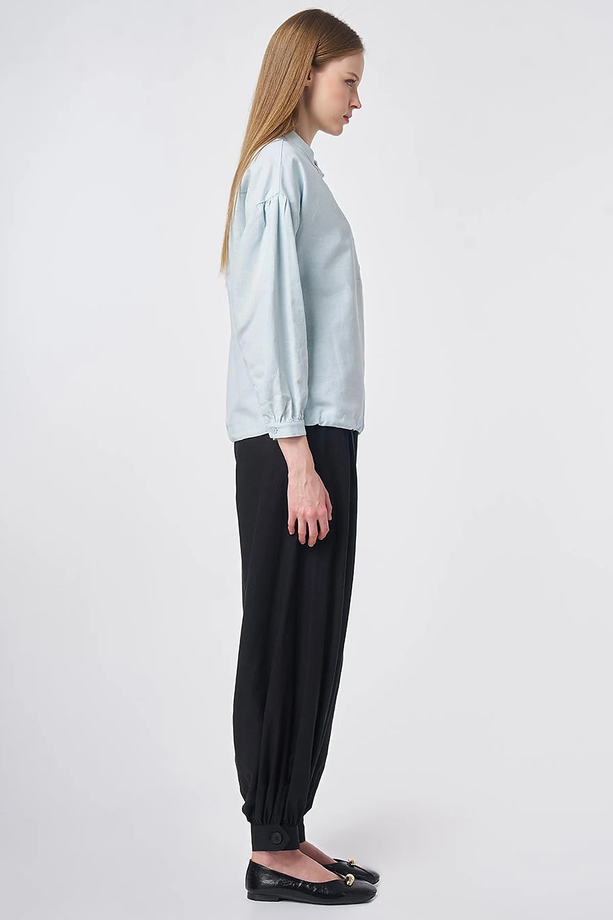 Stitch Detail Linen-Cotton Blouse Blue
