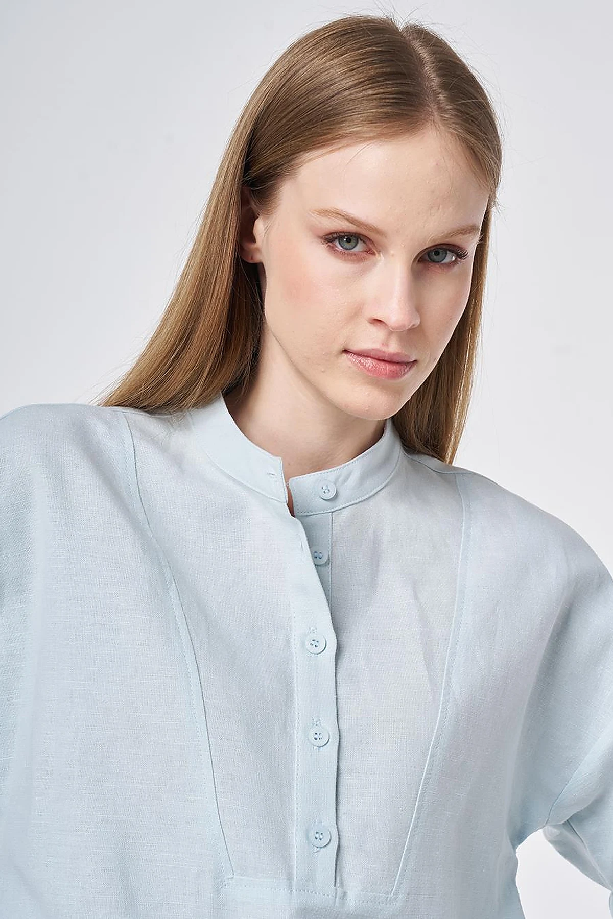 Stitch Detail Linen-Cotton Blouse Blue