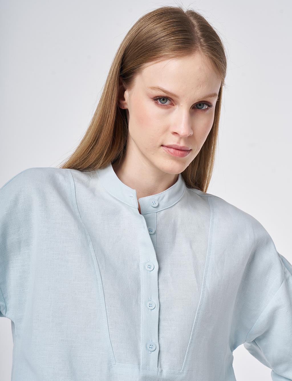 Stitch Detail Linen-Cotton Blouse Blue