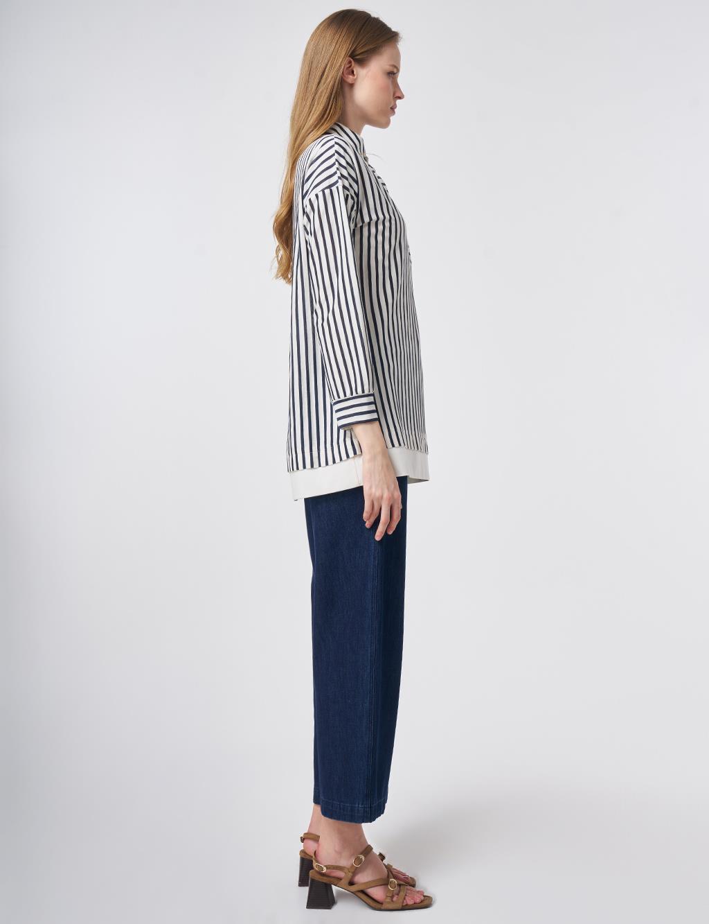 High Neck Cotton Blouse with Glossy Buttons Dark Navy