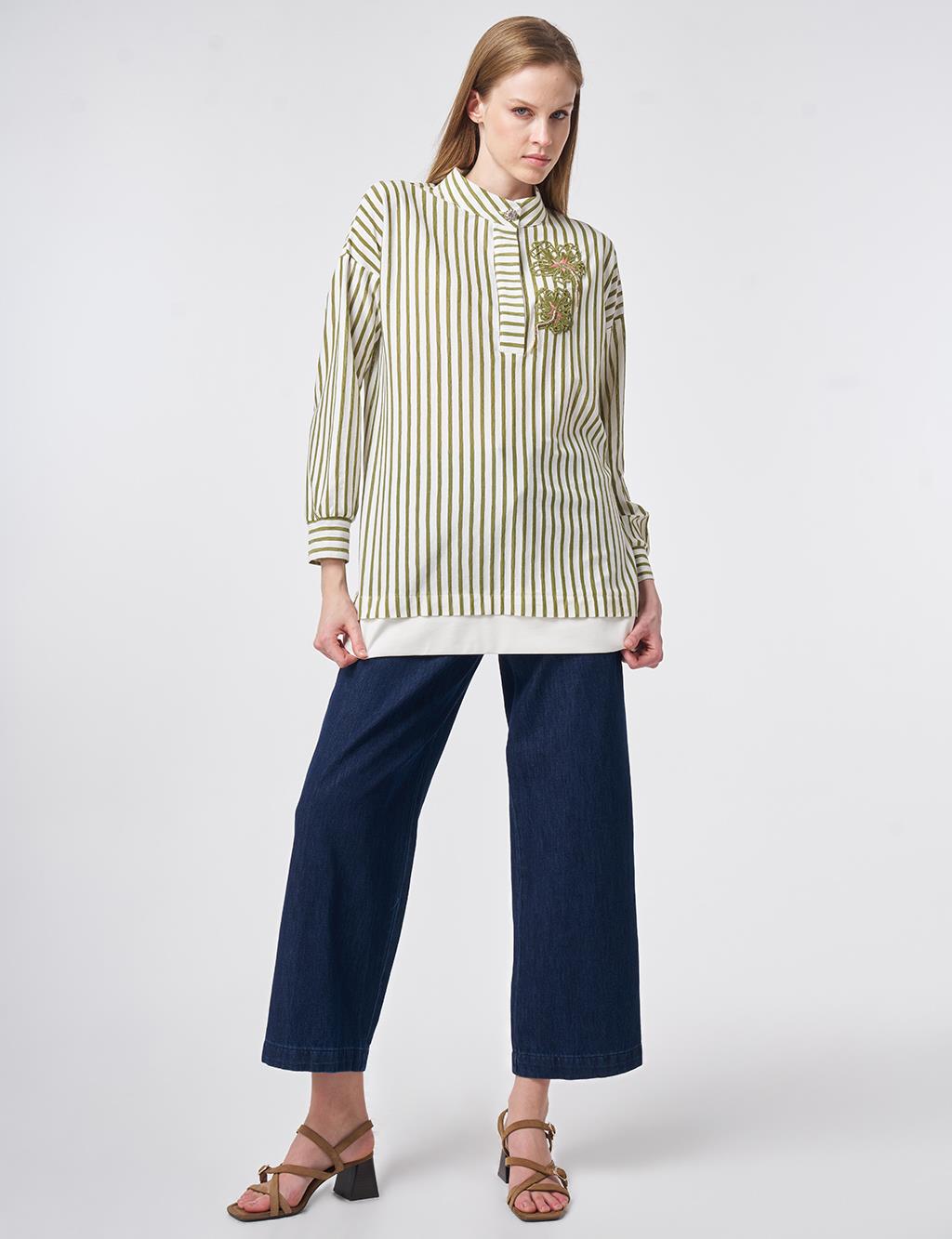 High Neck Cotton Blouse with Glossy Buttons Matcha Green