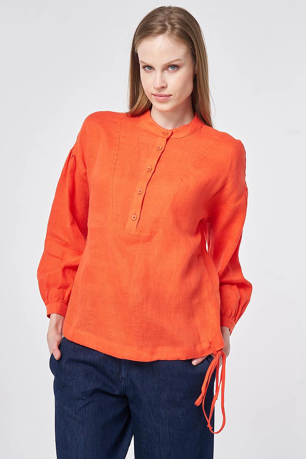 100% Linen Stitch Detailed Blouse Coral