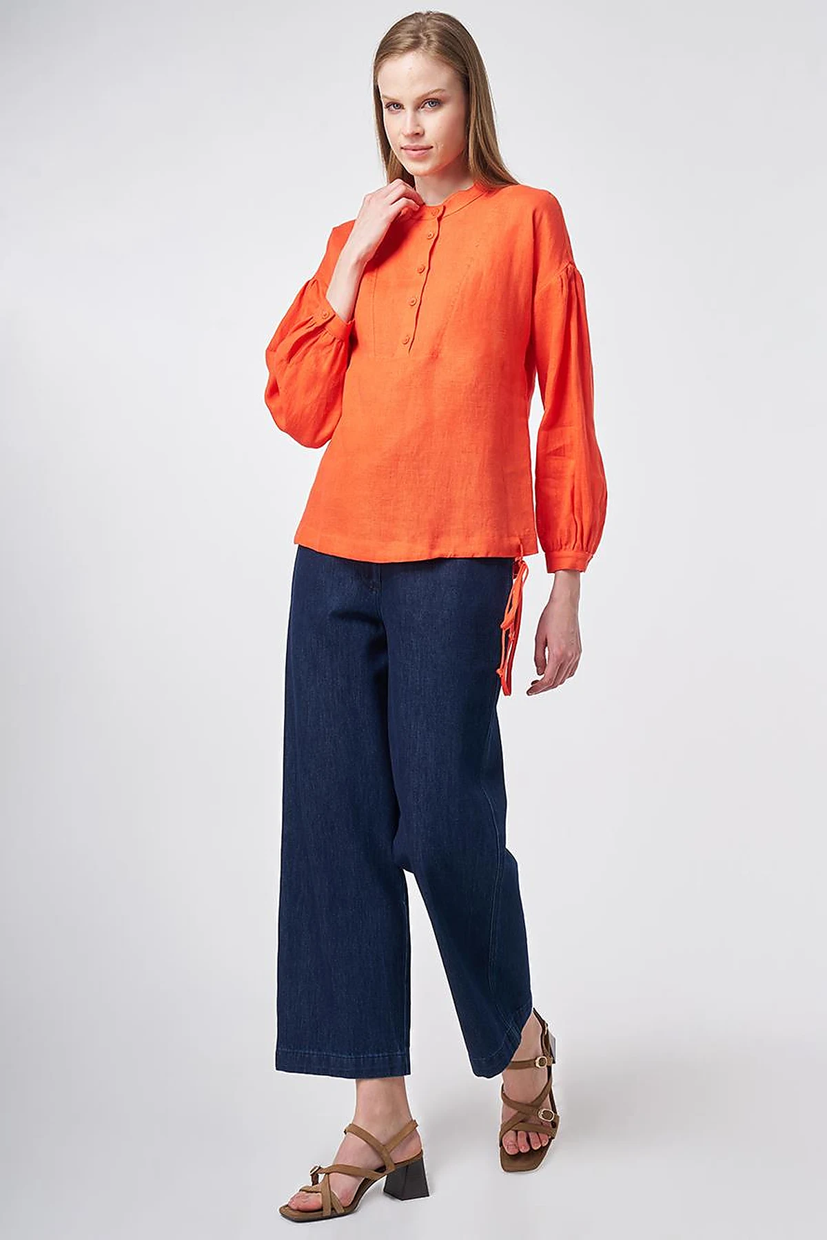 100% Linen Stitch Detailed Blouse Coral