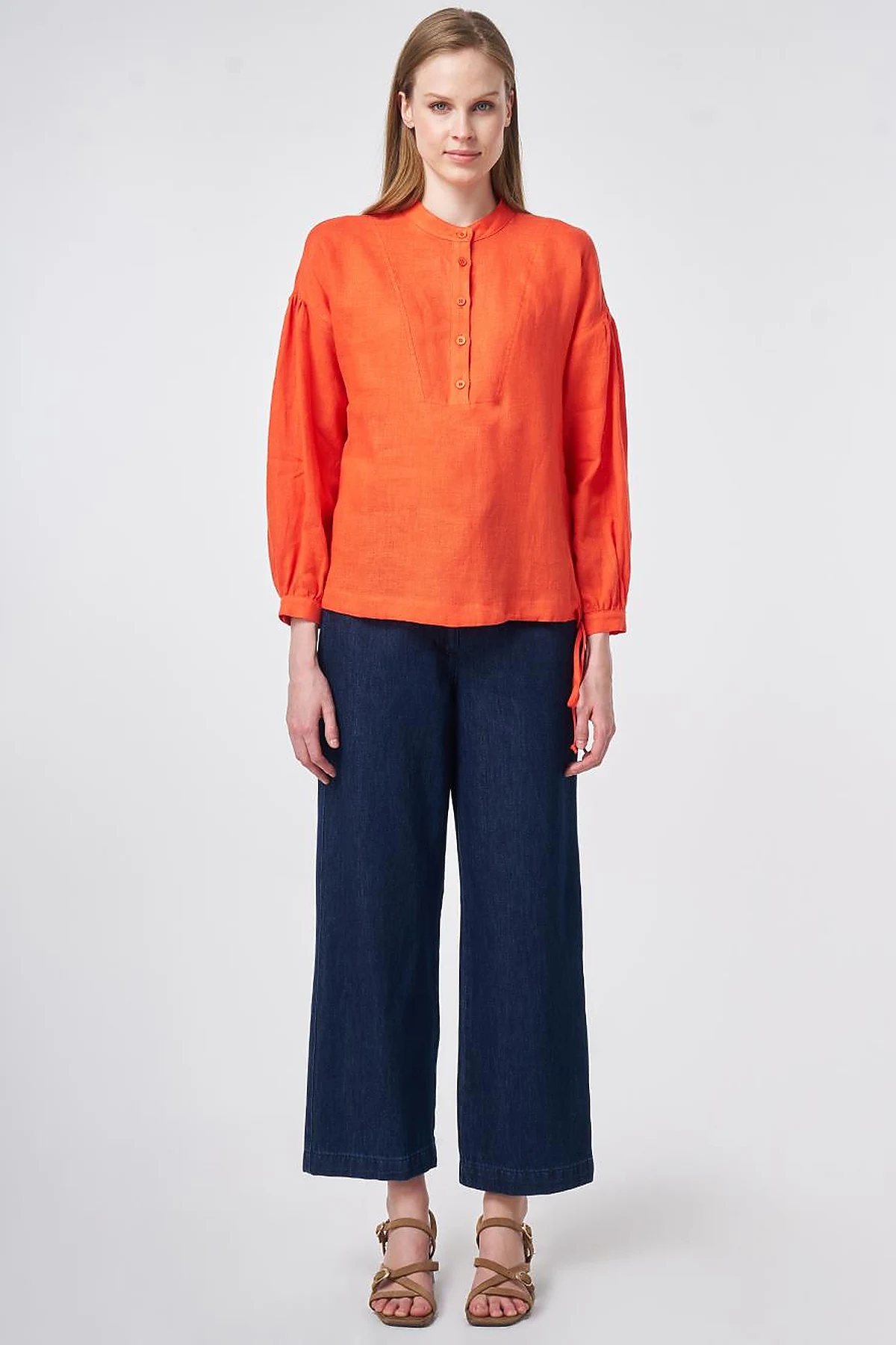 100% Linen Stitch Detailed Blouse Coral