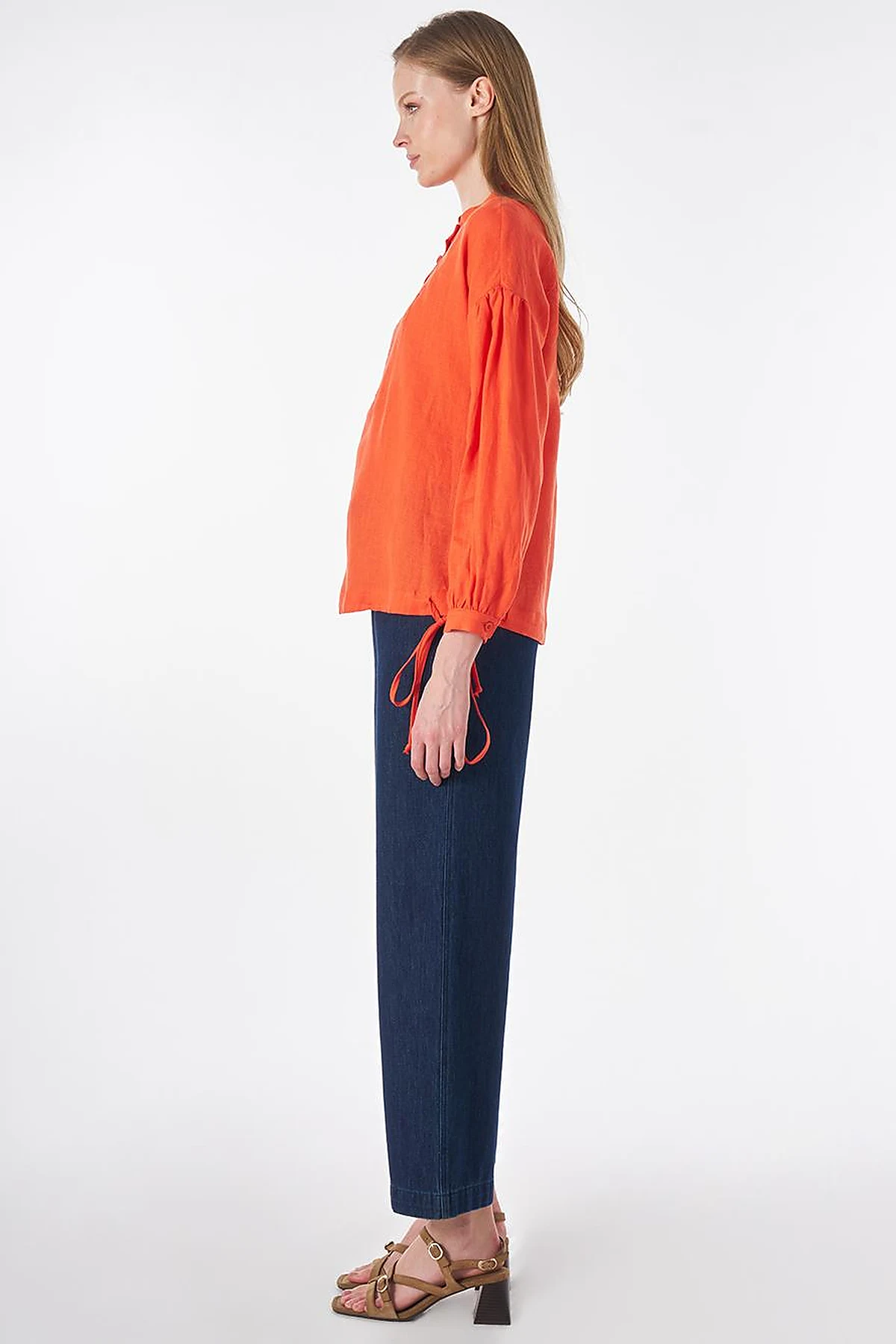 100% Linen Stitch Detailed Blouse Coral