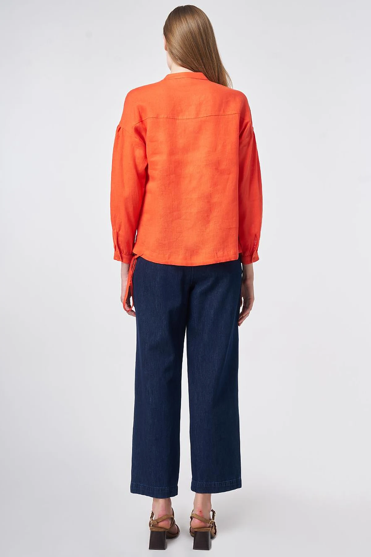 100% Linen Stitch Detailed Blouse Coral