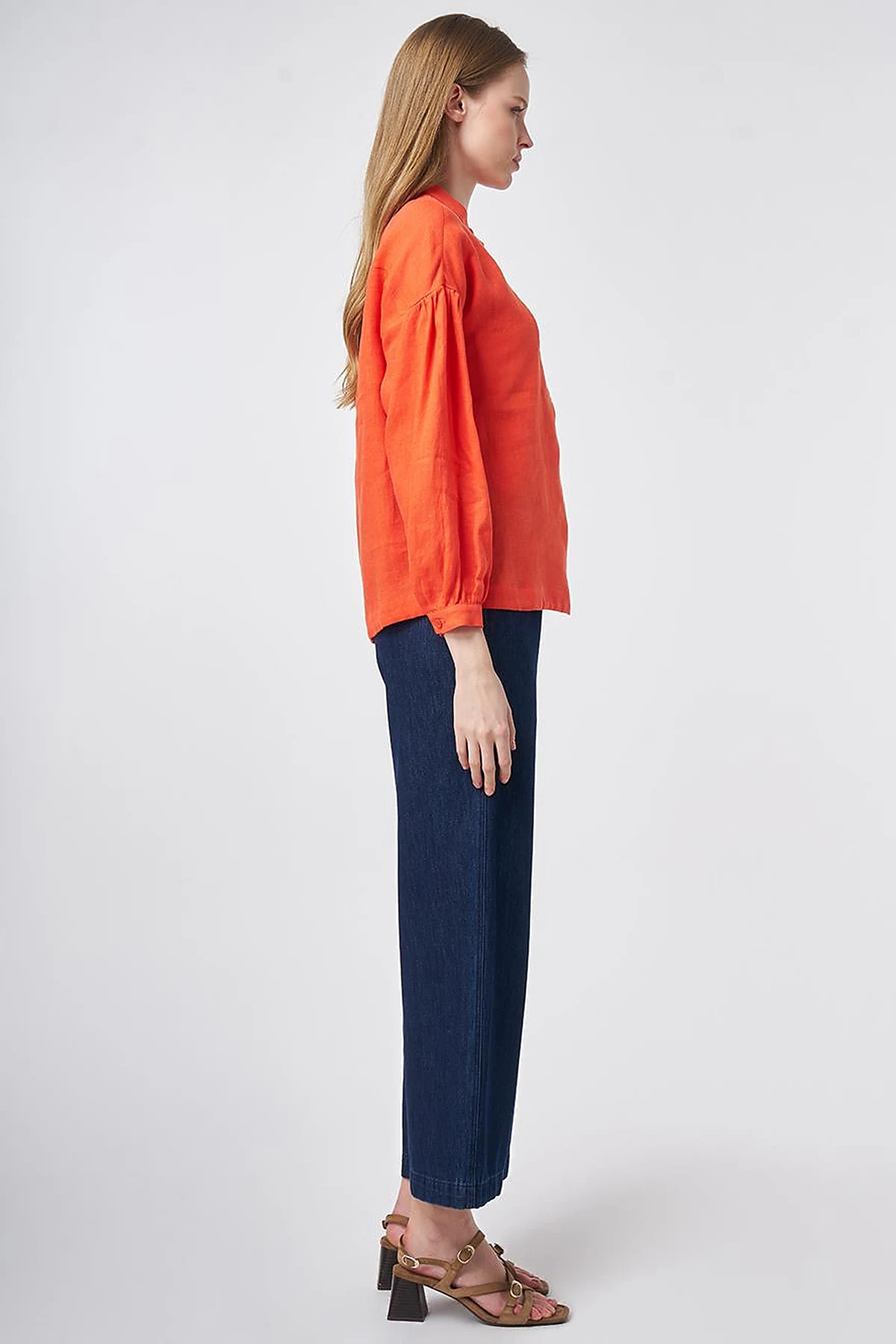 100% Linen Stitch Detailed Blouse Coral