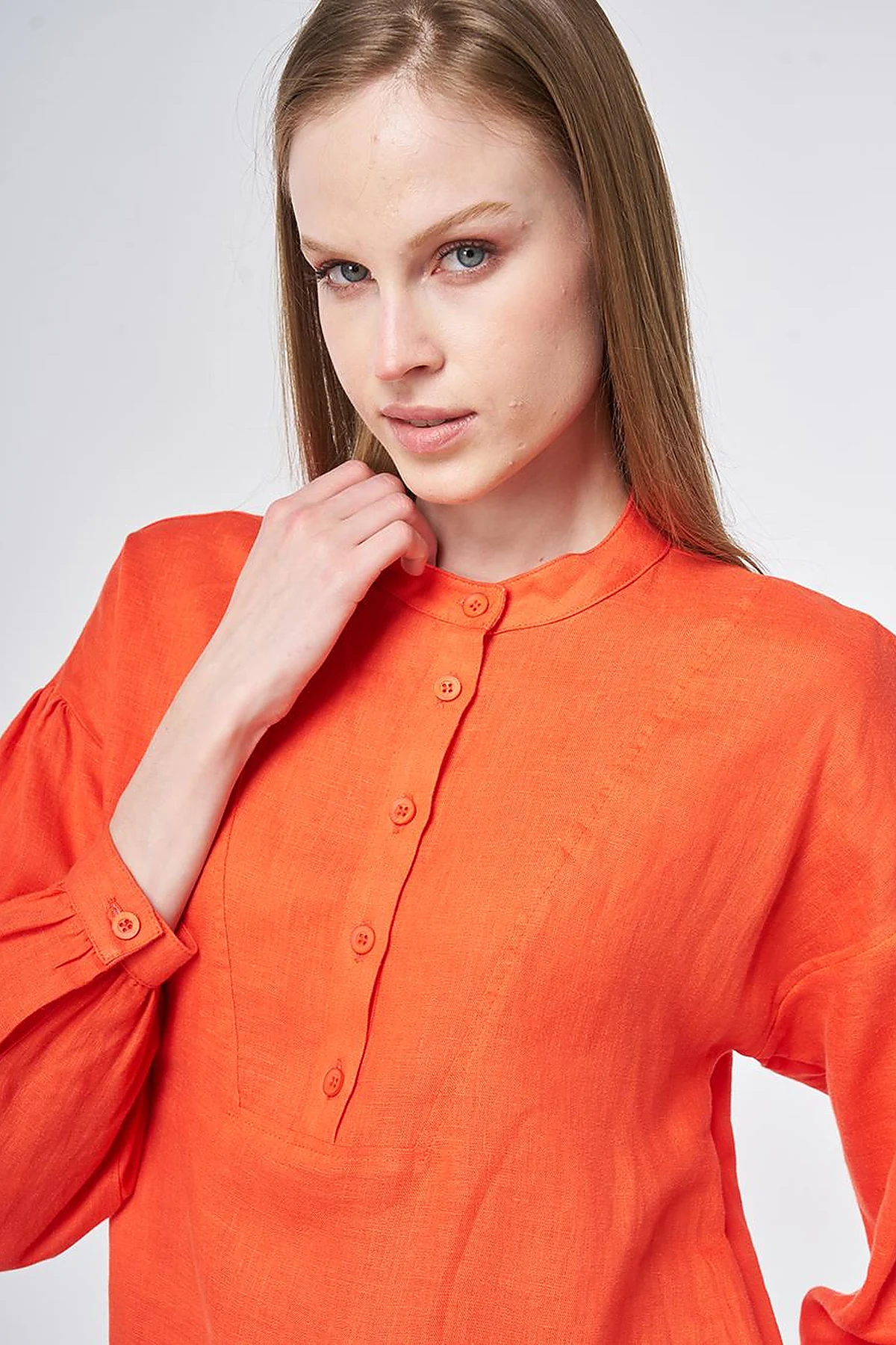 100% Linen Stitch Detailed Blouse Coral