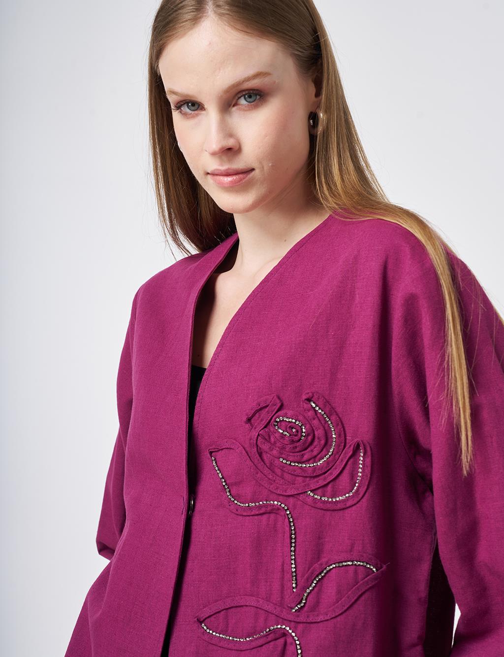 Embroidered Appliqué Cotton-Linen Two-Piece Set Plum