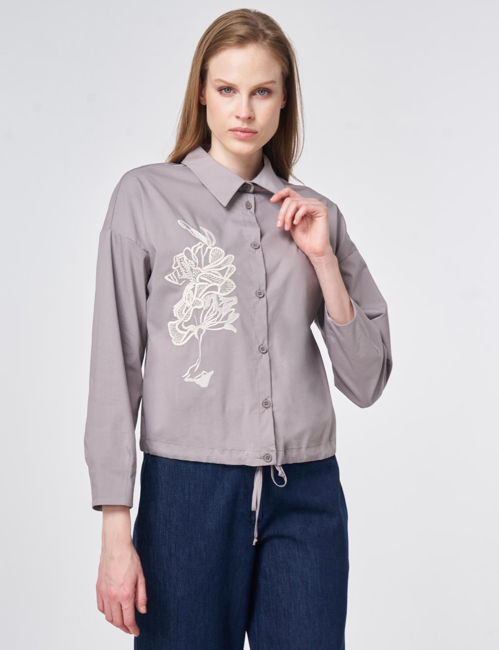 Embroidered Cotton Blouse Light Grey