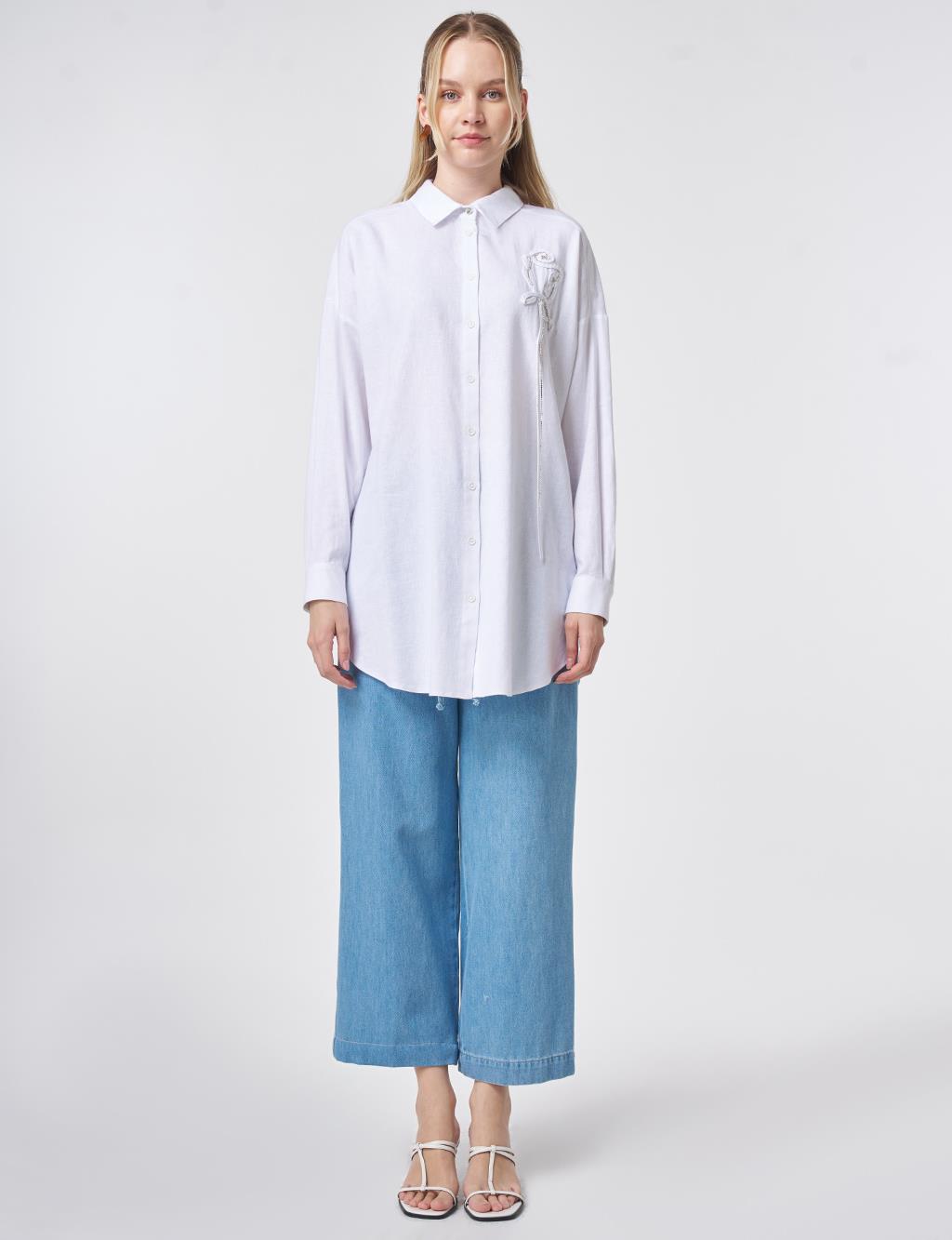 Stone-Embellished Linen Viscose Tunic Optical White