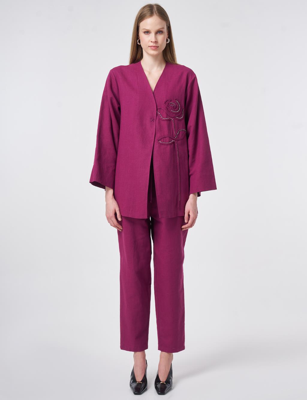 Embroidered Appliqué Cotton-Linen Two-Piece Set Plum