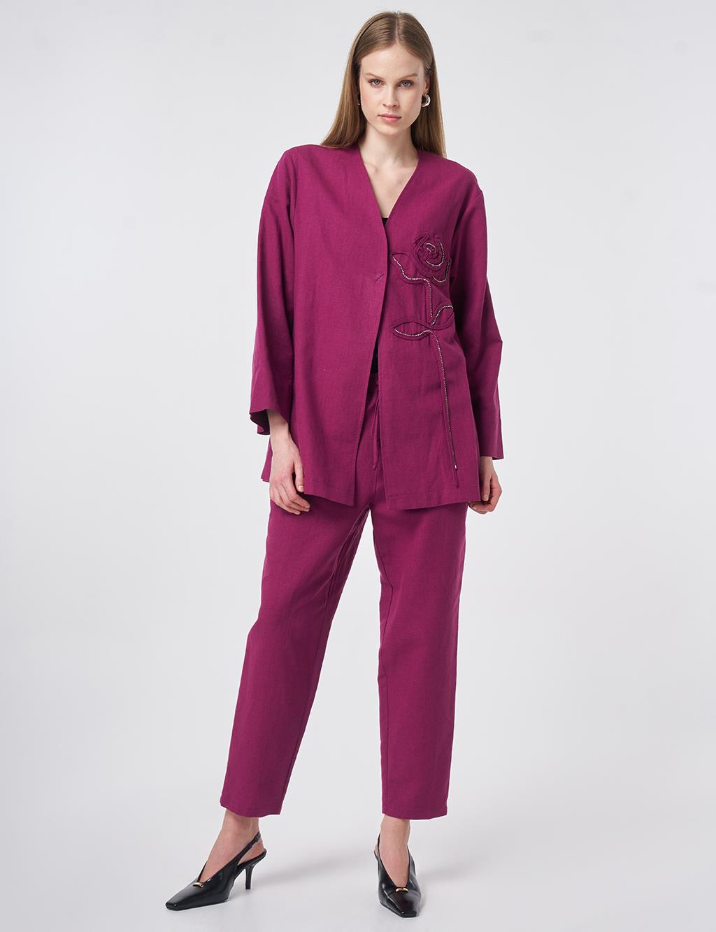 Embroidered Appliqué Cotton-Linen Two-Piece Set Plum