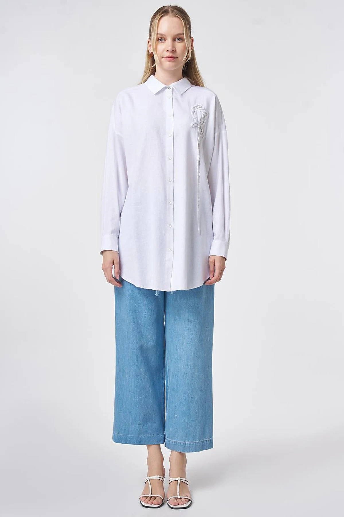 Stone-Embellished Linen Viscose Tunic Optical White