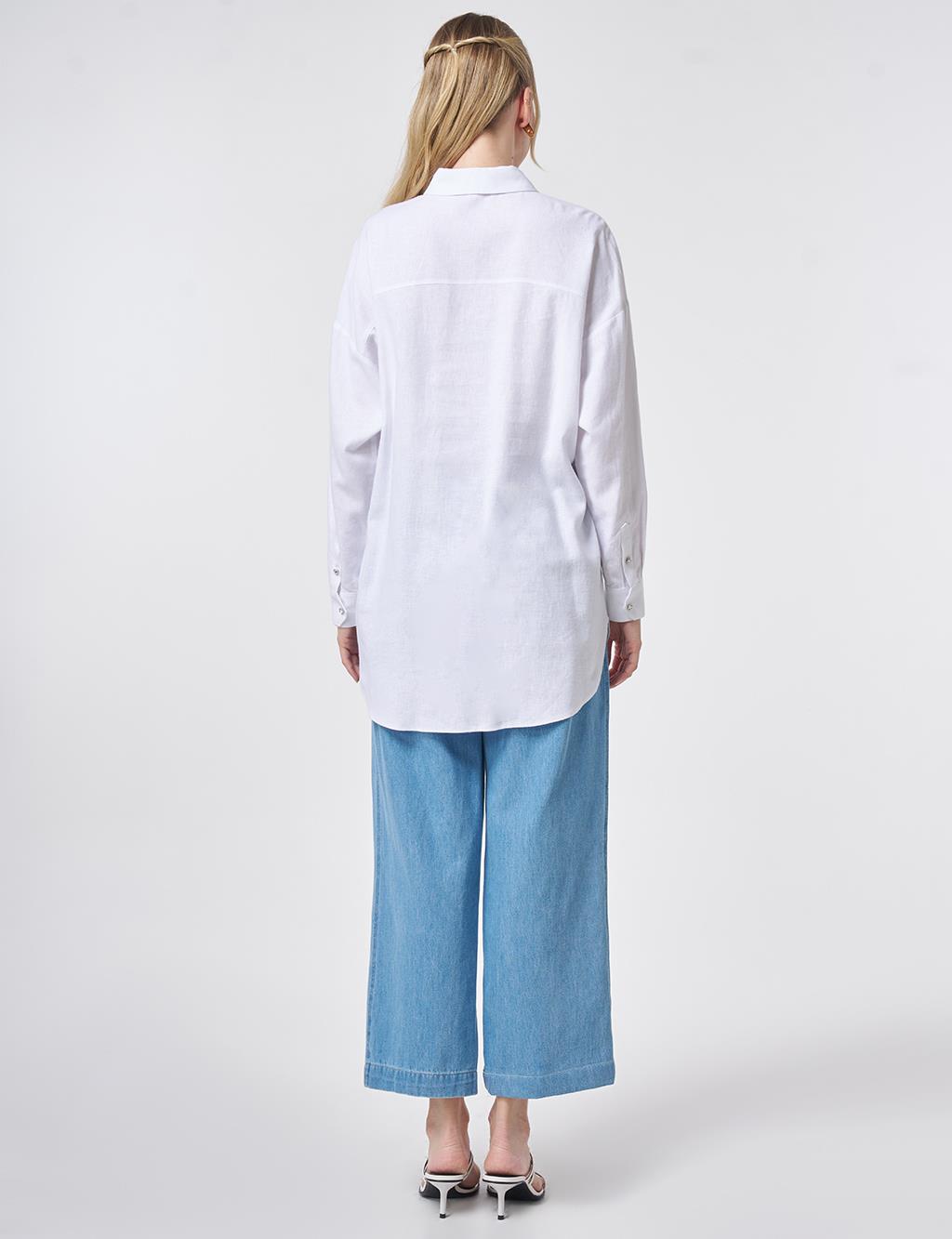 Stone-Embellished Linen Viscose Tunic Optical White