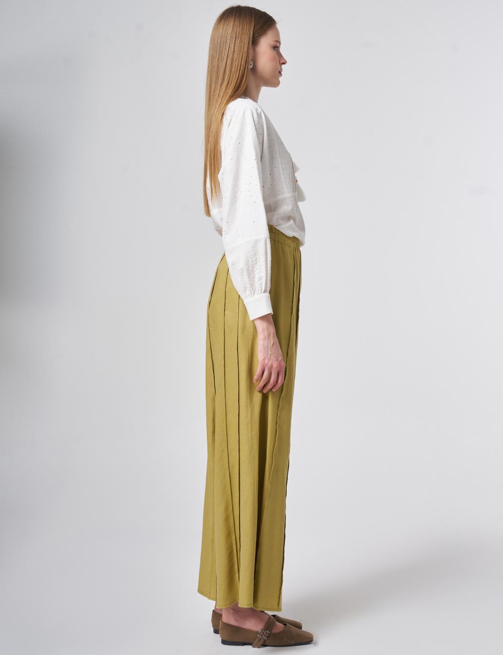 Panel-Stitched Linen Lyocell Trousers Olive Green