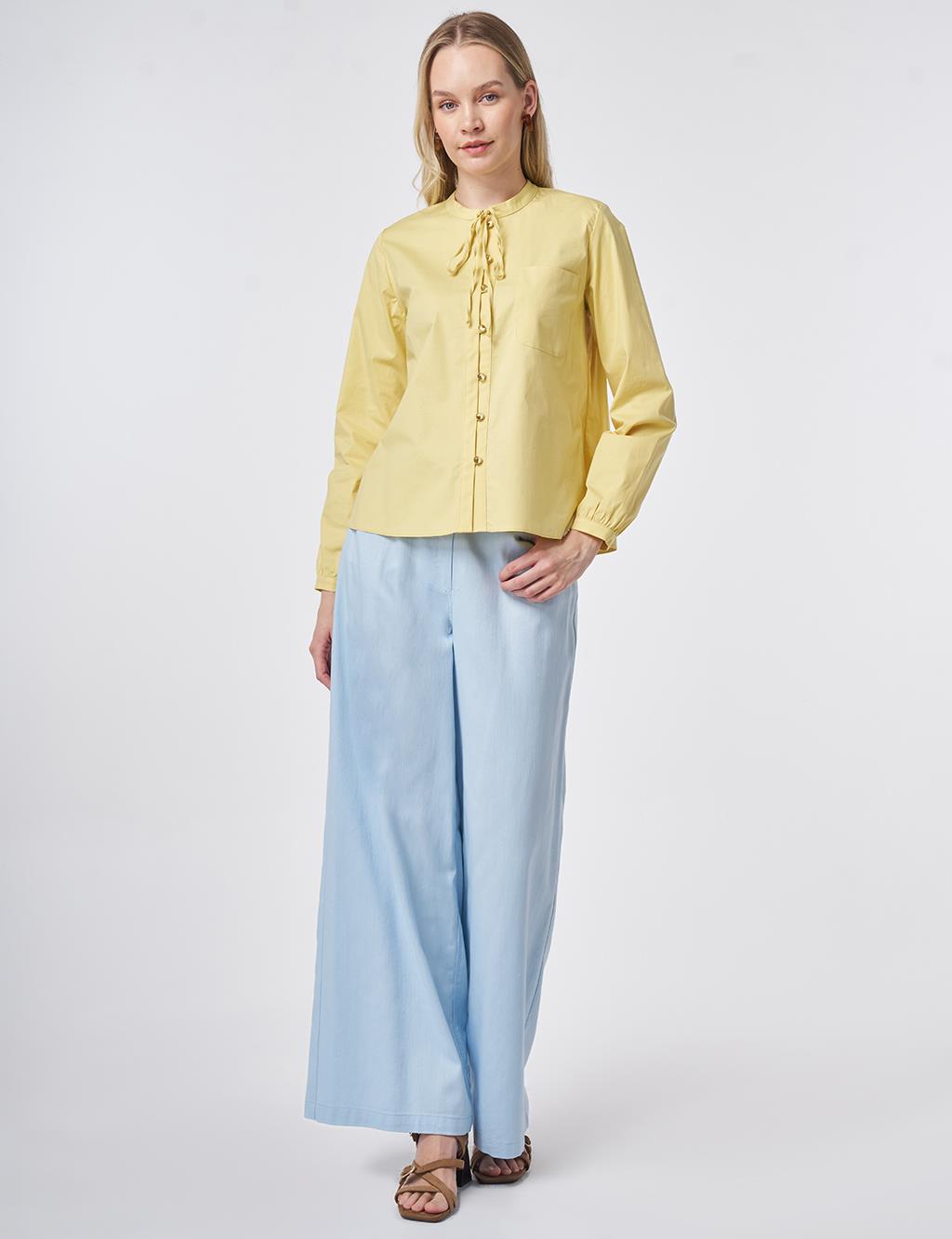 Tie-Neck Cotton Blouse Lemon Yellow