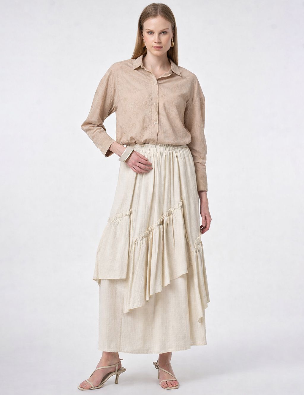 Asimetrik Kesim Etek Krem 