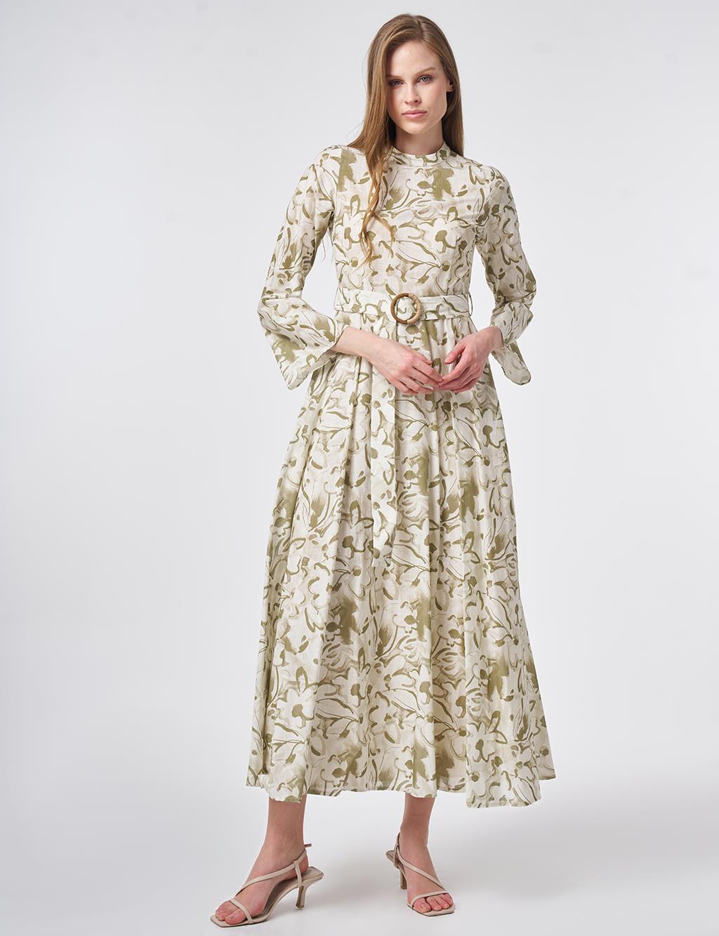 %100 Pamuklu Kemer Detaylı Maksi Elbise Krem 