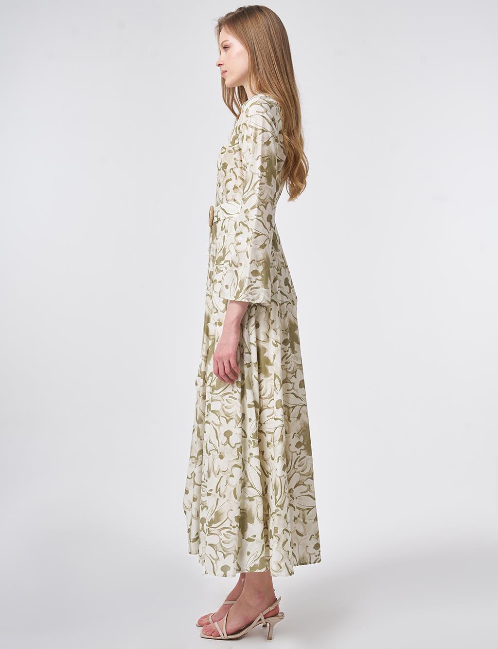 %100 Pamuklu Kemer Detaylı Maksi Elbise Krem 