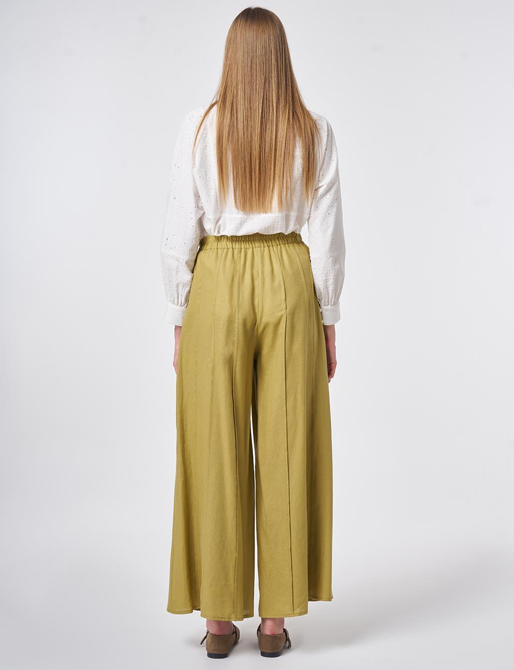 Panel-Stitched Linen Lyocell Trousers Olive Green