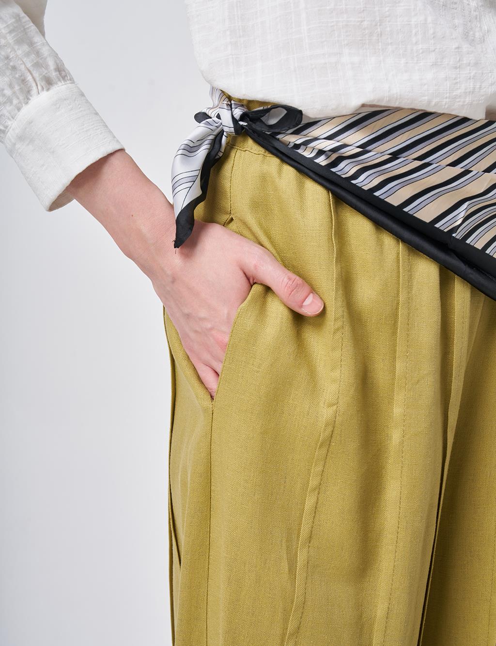 Panel-Stitched Linen Lyocell Trousers Olive Green