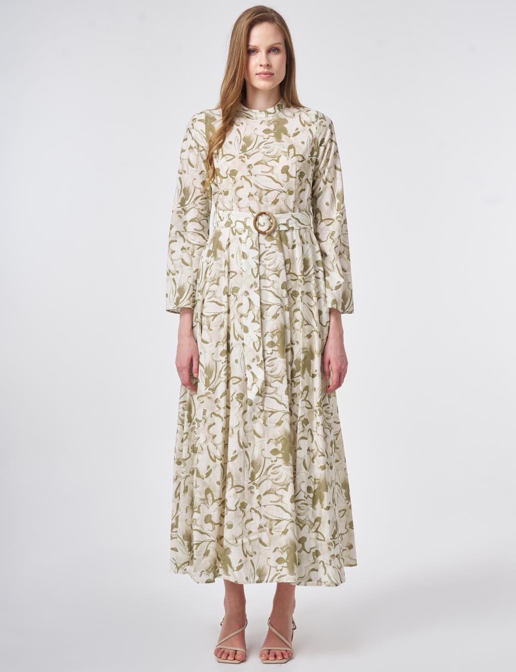 %100 Pamuklu Kemer Detaylı Maksi Elbise Krem 