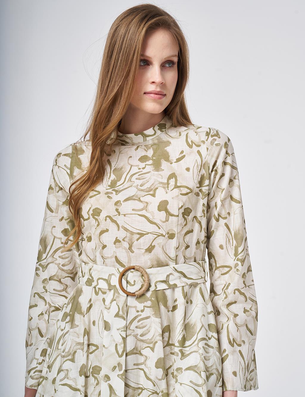 %100 Pamuklu Kemer Detaylı Maksi Elbise Krem 