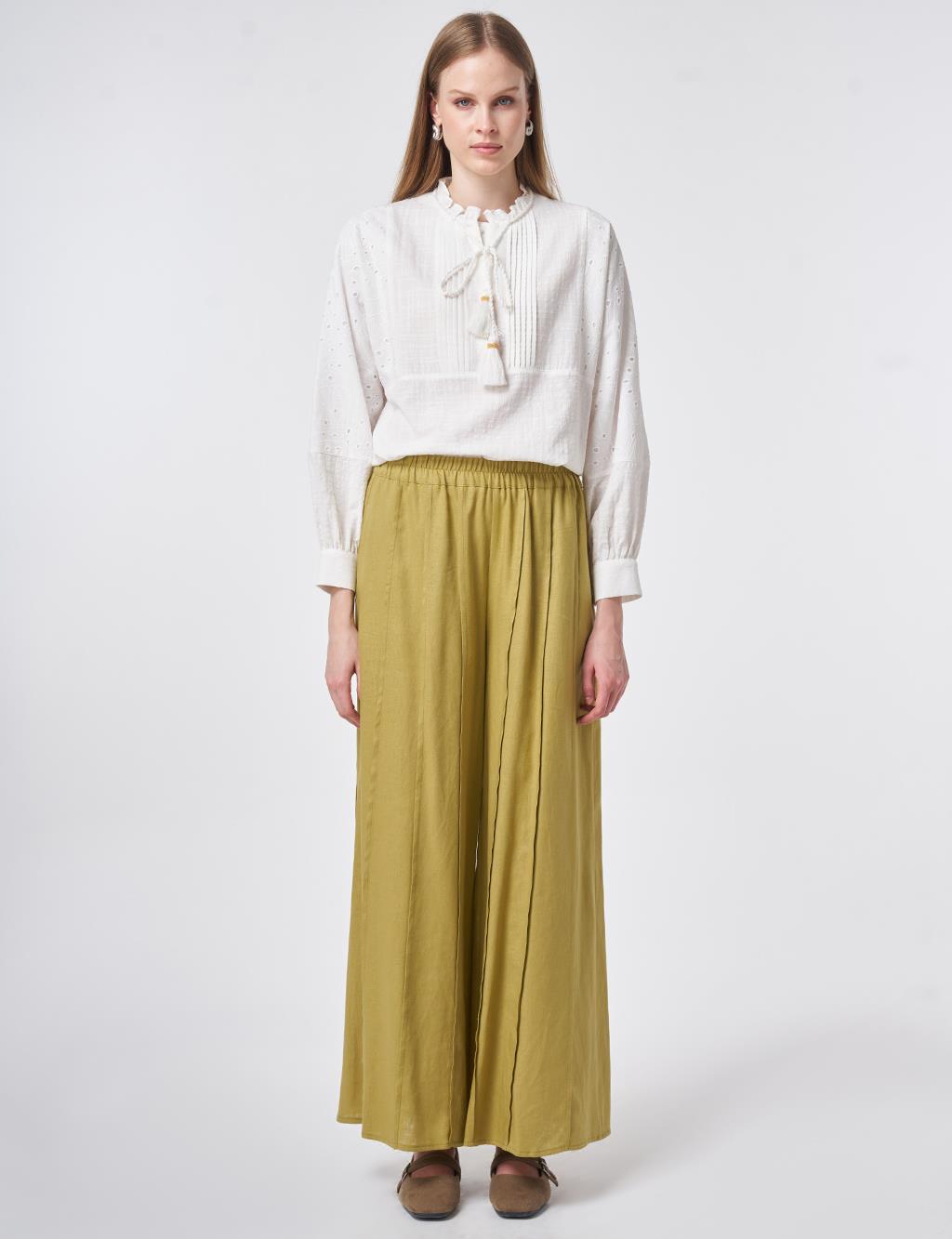 Panel-Stitched Linen Lyocell Trousers Olive Green