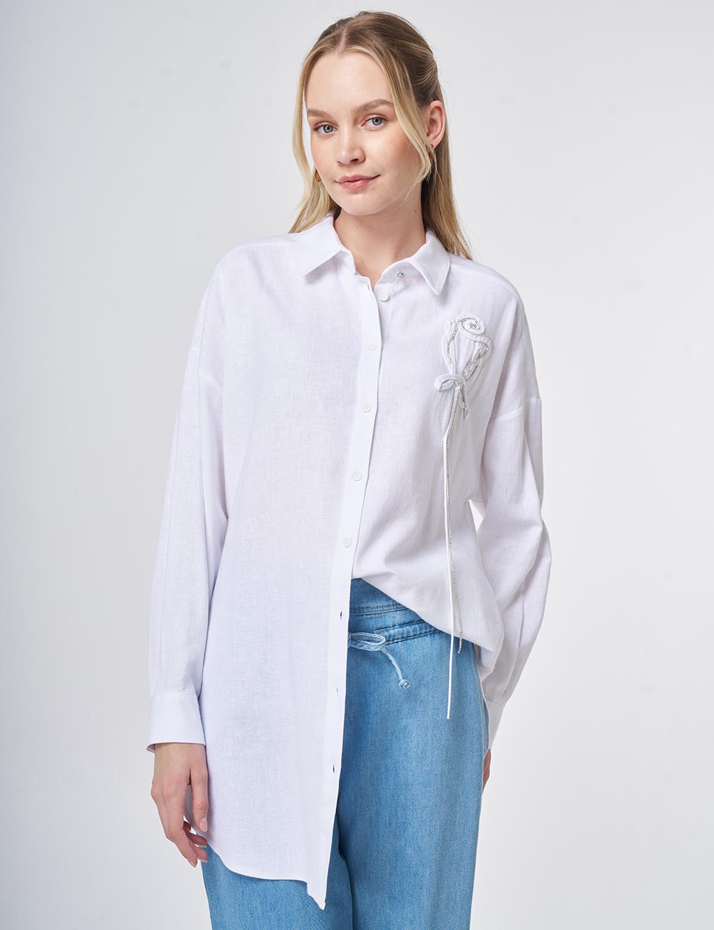 Stone-Embellished Linen Viscose Tunic Optical White