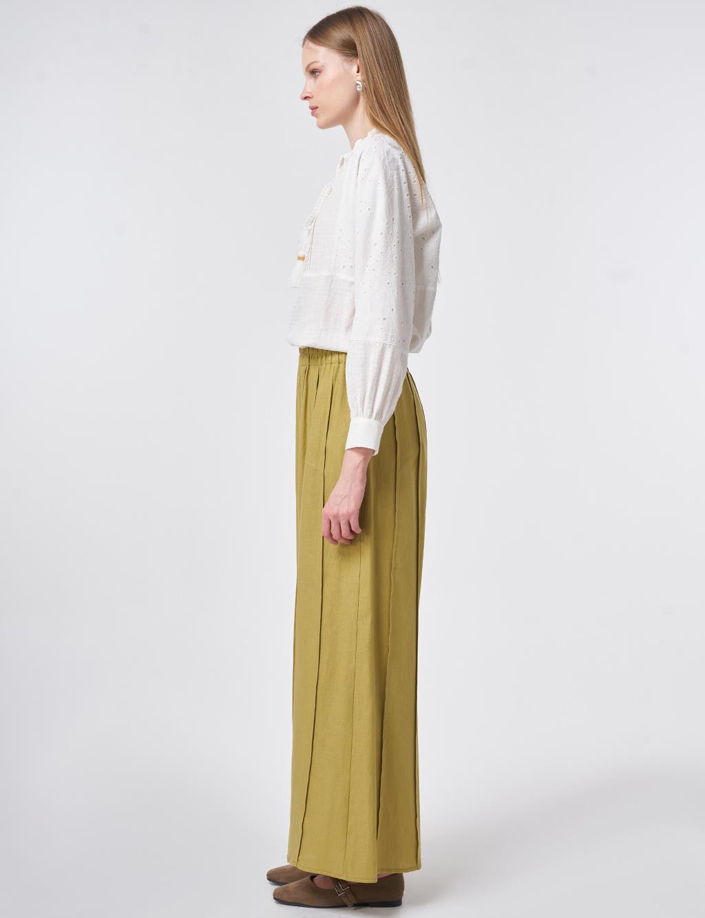 Panel-Stitched Linen Lyocell Trousers Olive Green