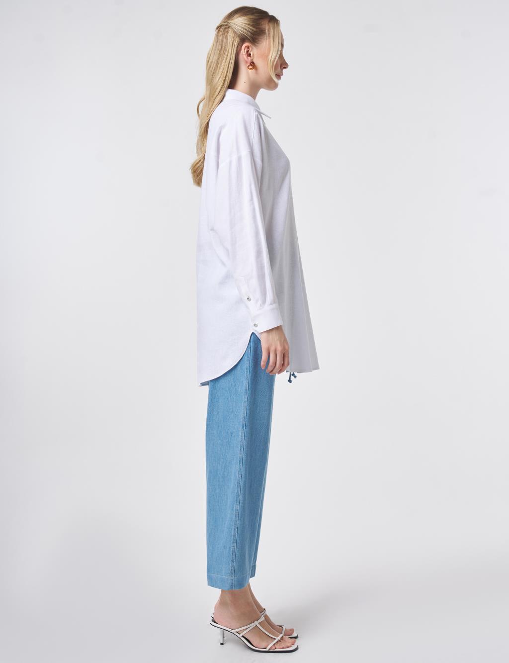 Stone-Embellished Linen Viscose Tunic Optical White