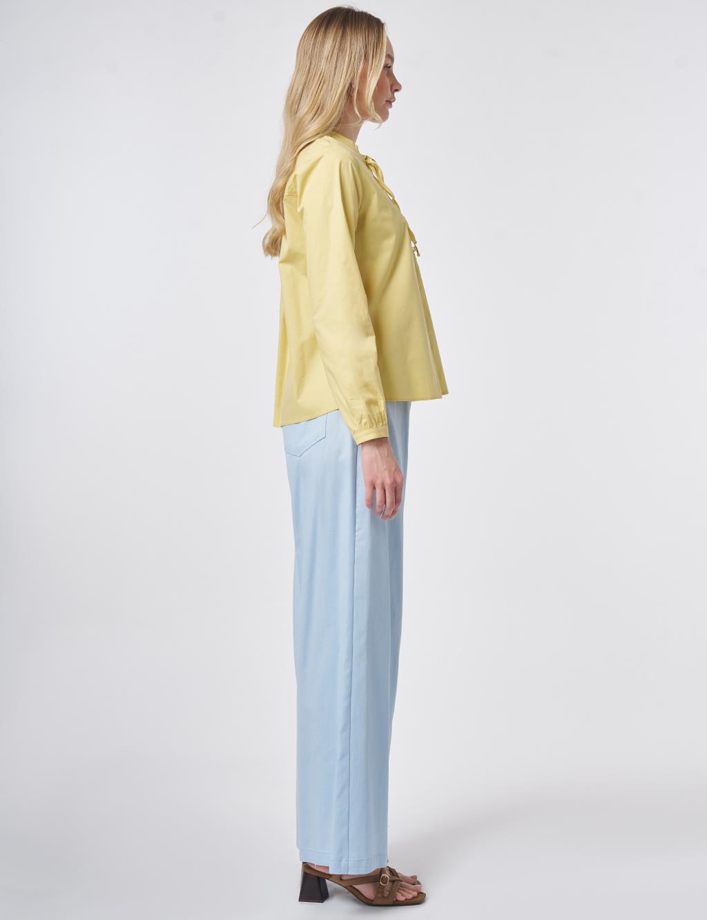Tie-Neck Cotton Blouse Lemon Yellow