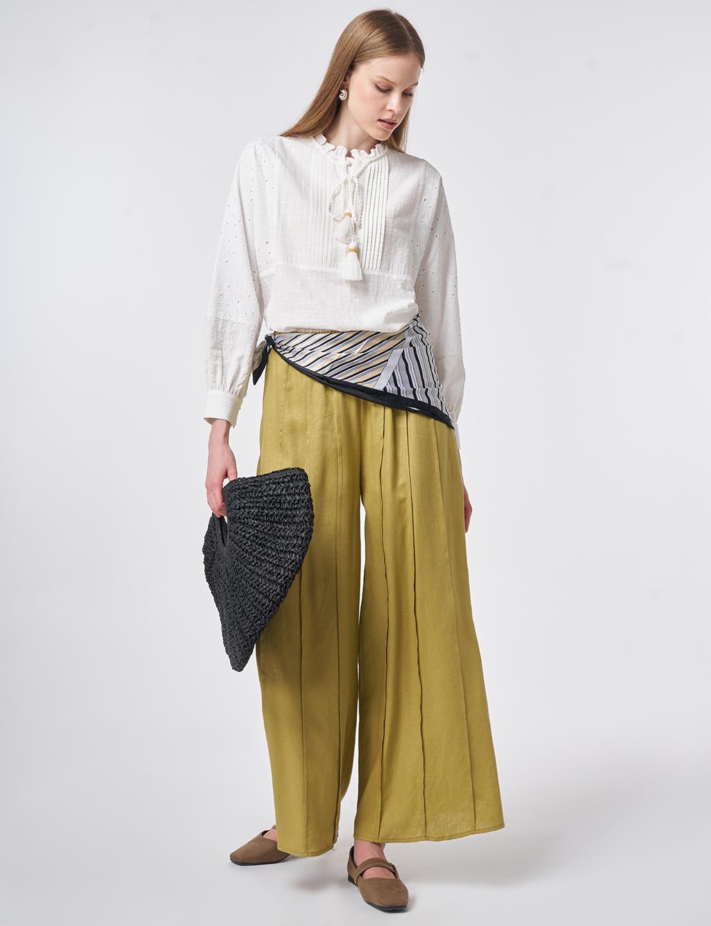 Panel-Stitched Linen Lyocell Trousers Olive Green