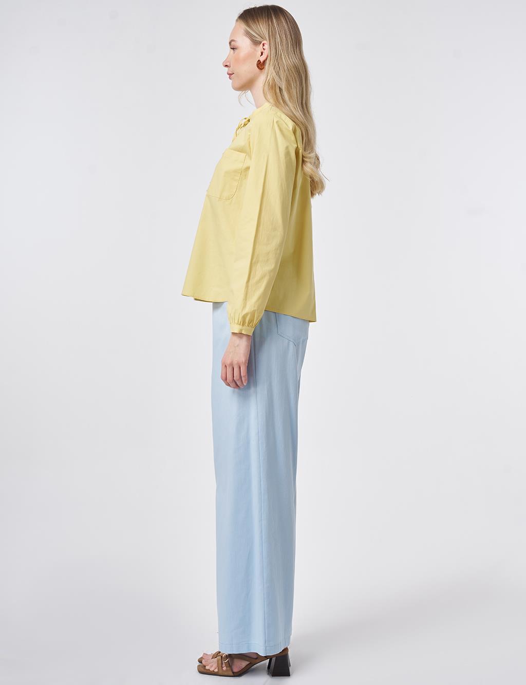 Tie-Neck Cotton Blouse Lemon Yellow