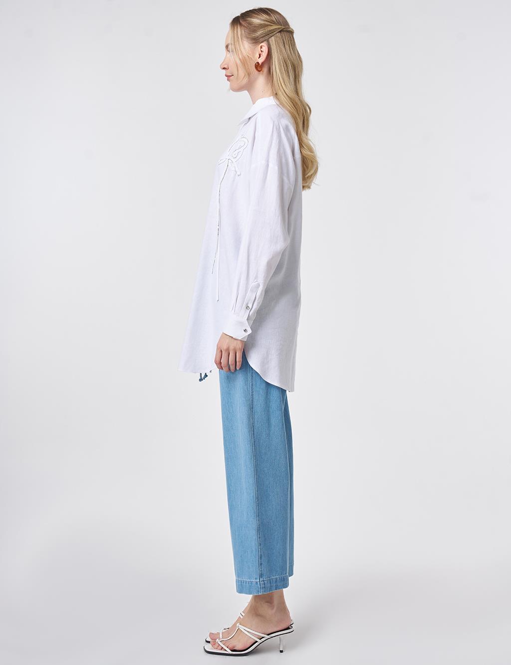 Stone-Embellished Linen Viscose Tunic Optical White