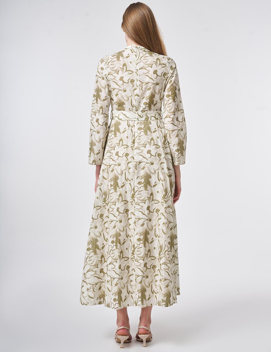 %100 Pamuklu Kemer Detaylı Maksi Elbise Krem 