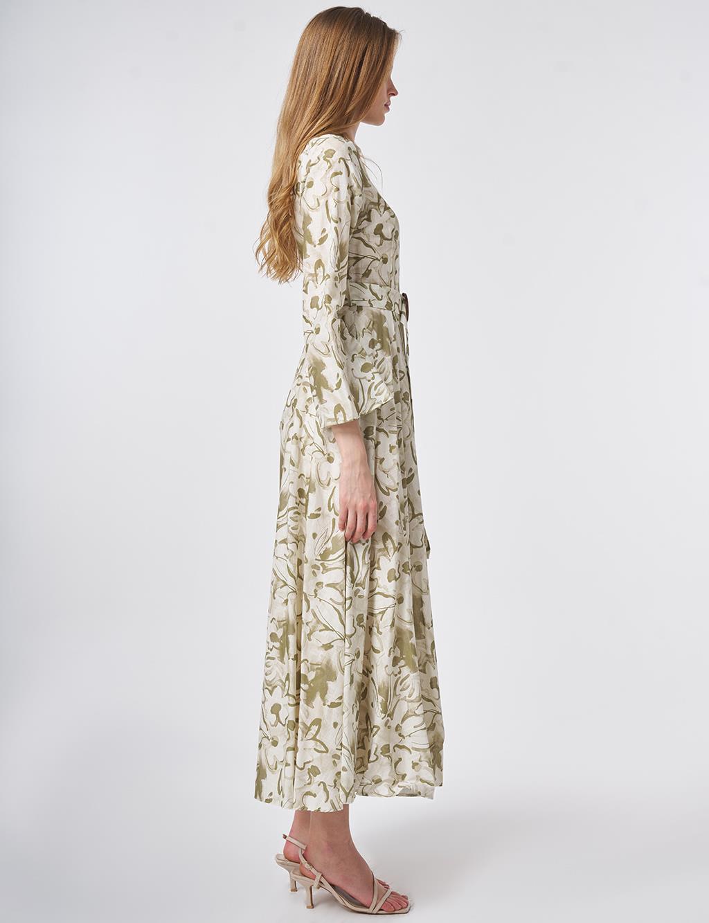 %100 Pamuklu Kemer Detaylı Maksi Elbise Krem 