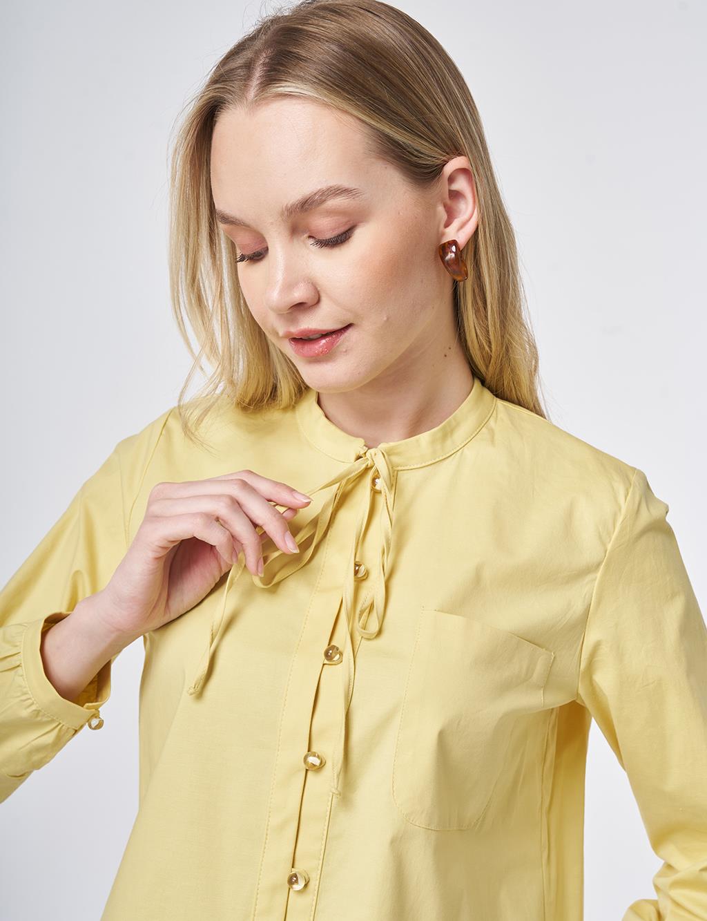 Tie-Neck Cotton Blouse Lemon Yellow